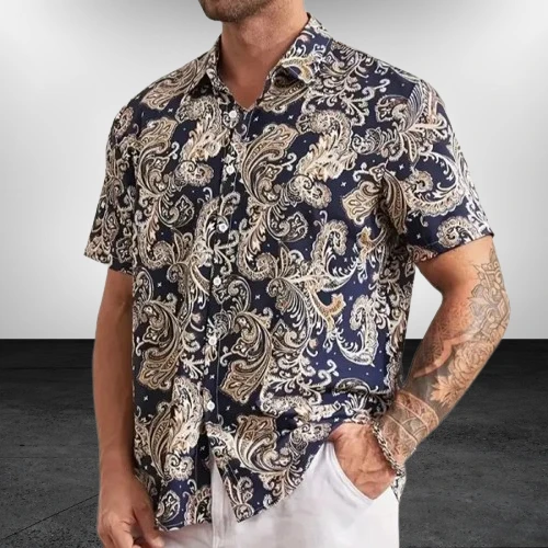 Floral Multi Printed Boho Style Roll-Up Short Sleeves Button-Up Men Beach Shirt