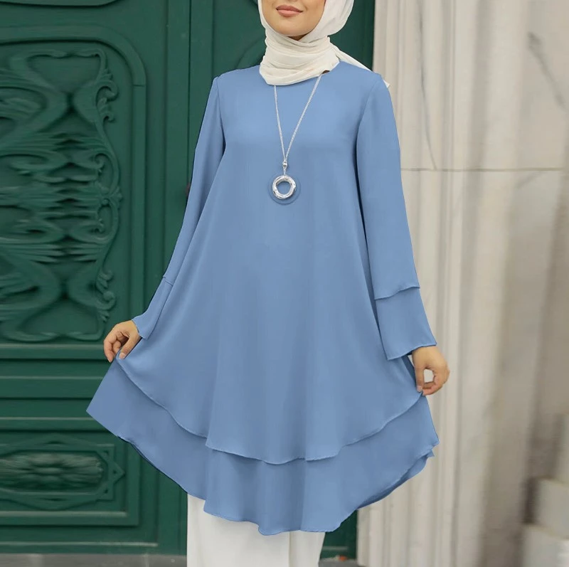 Two-layer Design Shirt Round Neck Solid Color Elegant Holiday Party Top Turkish 