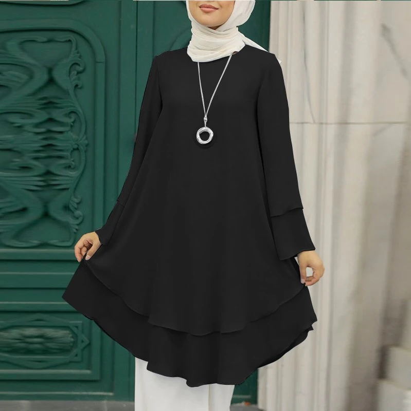 Two-layer Design Shirt Round Neck Solid Color Elegant Holiday Party Top Turkish 