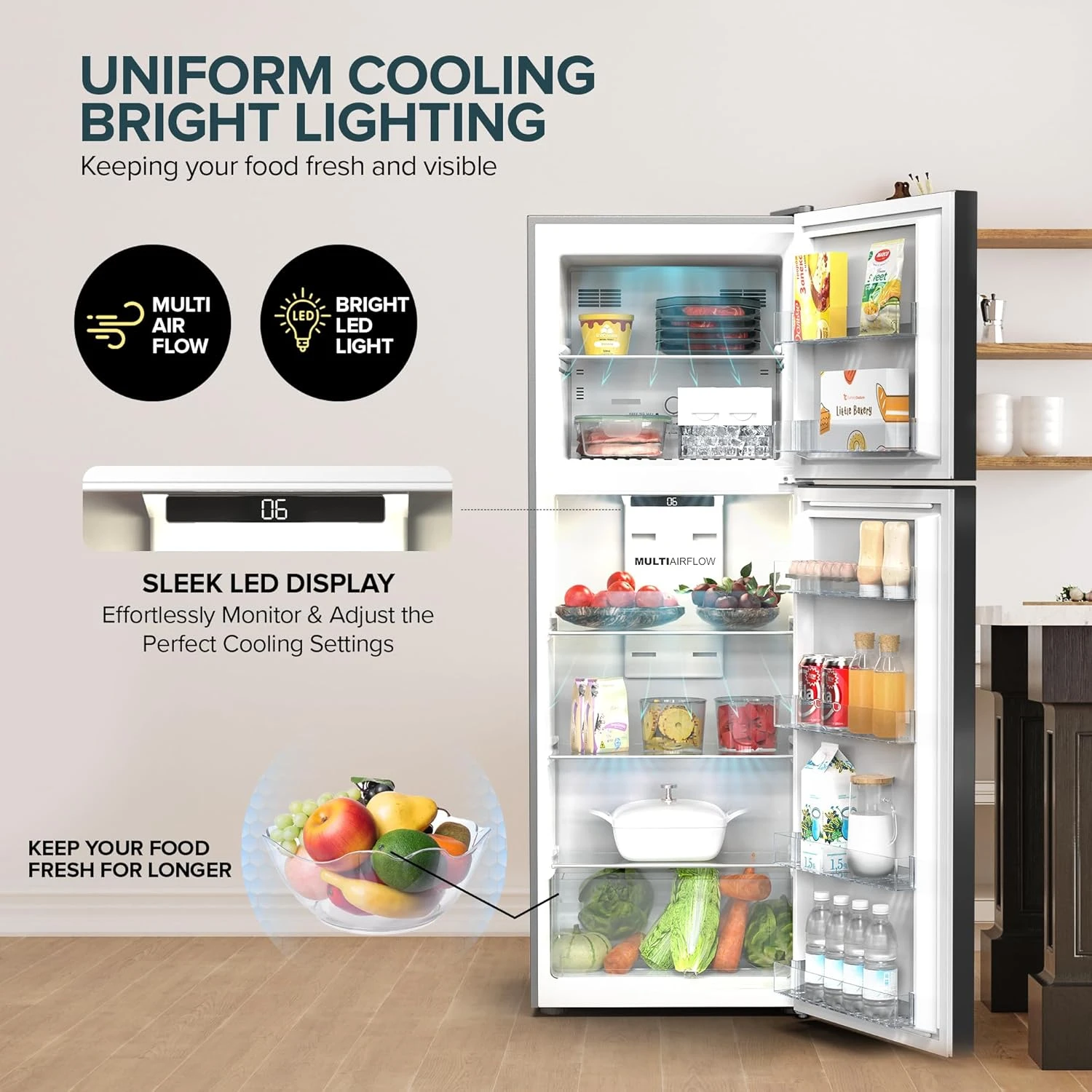 Nikai 410L No-Frost Double Door Refrigerator, with Vegetable Crisper and Adjusta