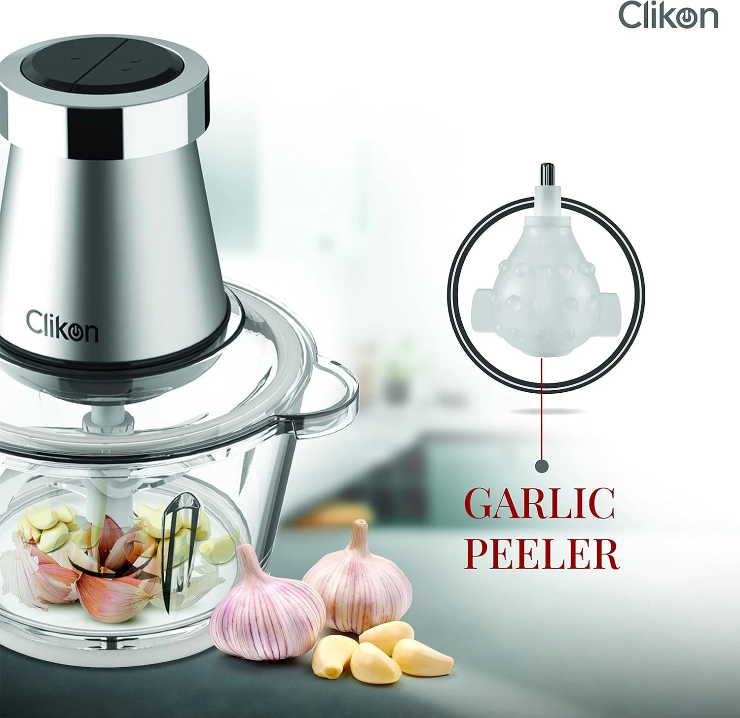 Clikon 2 Litre Electric Food Chopper/Meat Processor with Garlic Skin Peeler Atta