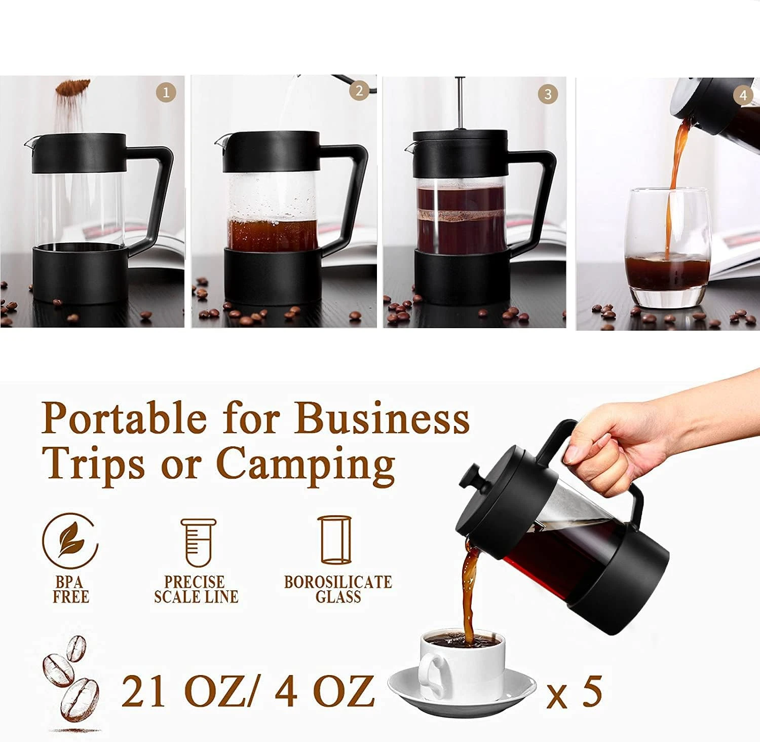 Funito French Press Coffee & Tea Maker 600ml, Thickened Borosilicate Glass Coffe