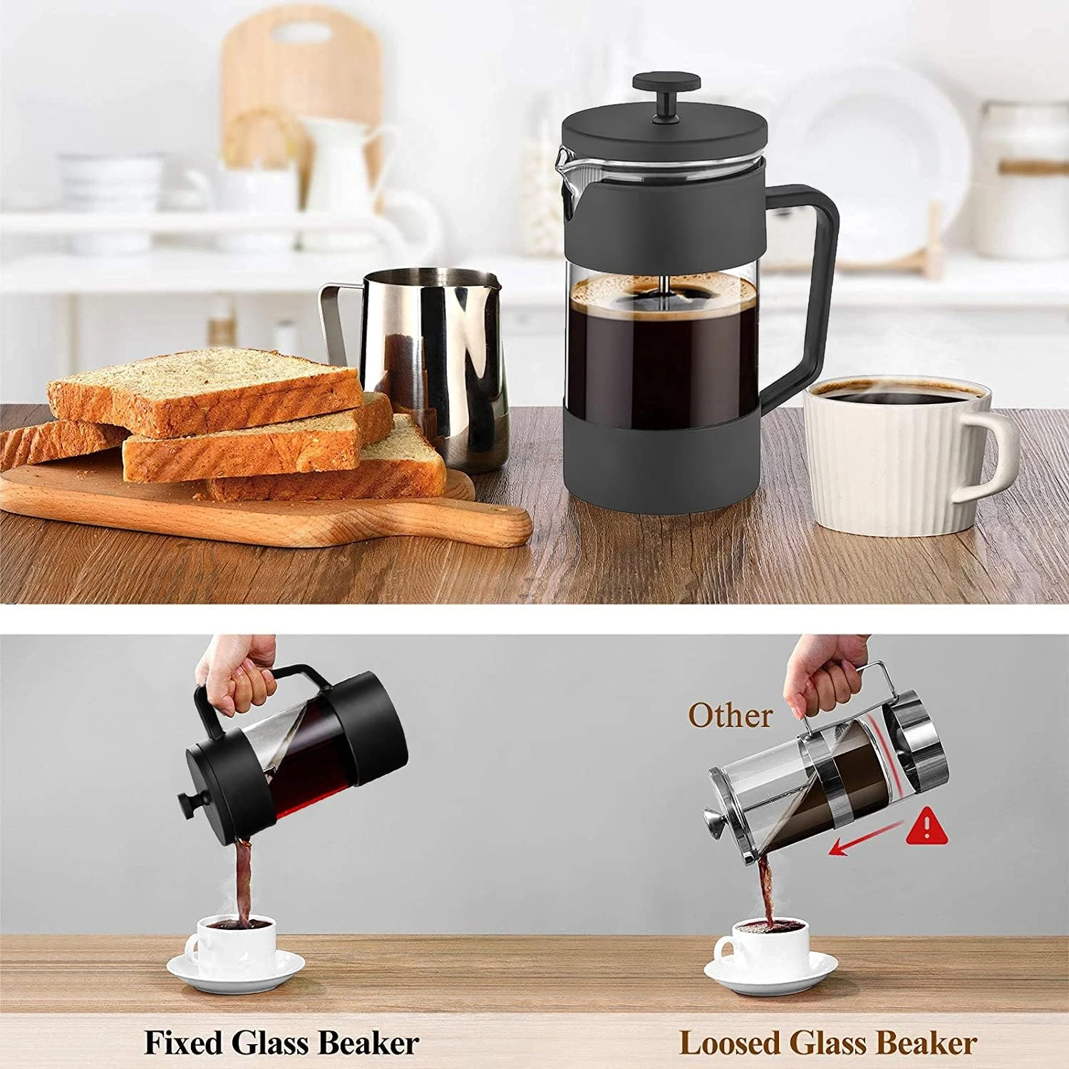 Funito French Press Coffee & Tea Maker 600ml, Thickened Borosilicate Glass Coffe