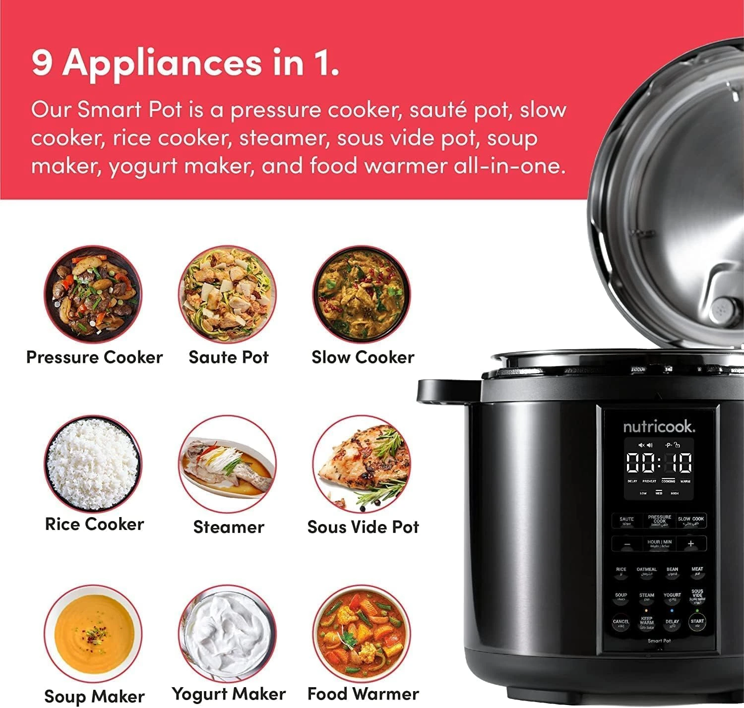 Nutricook Smart Pot 2 Rice Cooker, Steamer, Sauté Pot, Yogurt Maker & More,9 In 