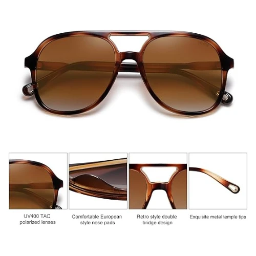 SOJOS Retro Vintage Polarized Sunglasses Double Bridge Brow Bar Square Aviators 