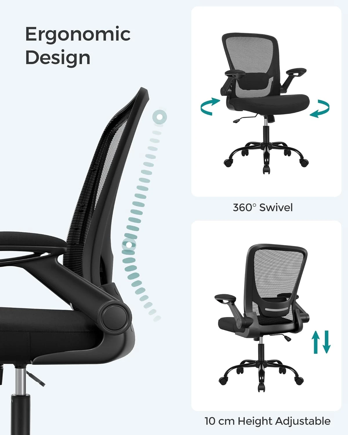 SONGMICS Office Chair with Folding Armrest, Desk Mesh Chair, Ergonomic Computer 