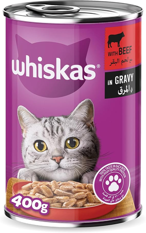Whiskas Beef in Gravy Can Cat Food, 400g, for 1+ Years Adult Cats, Whiskas Cat F
