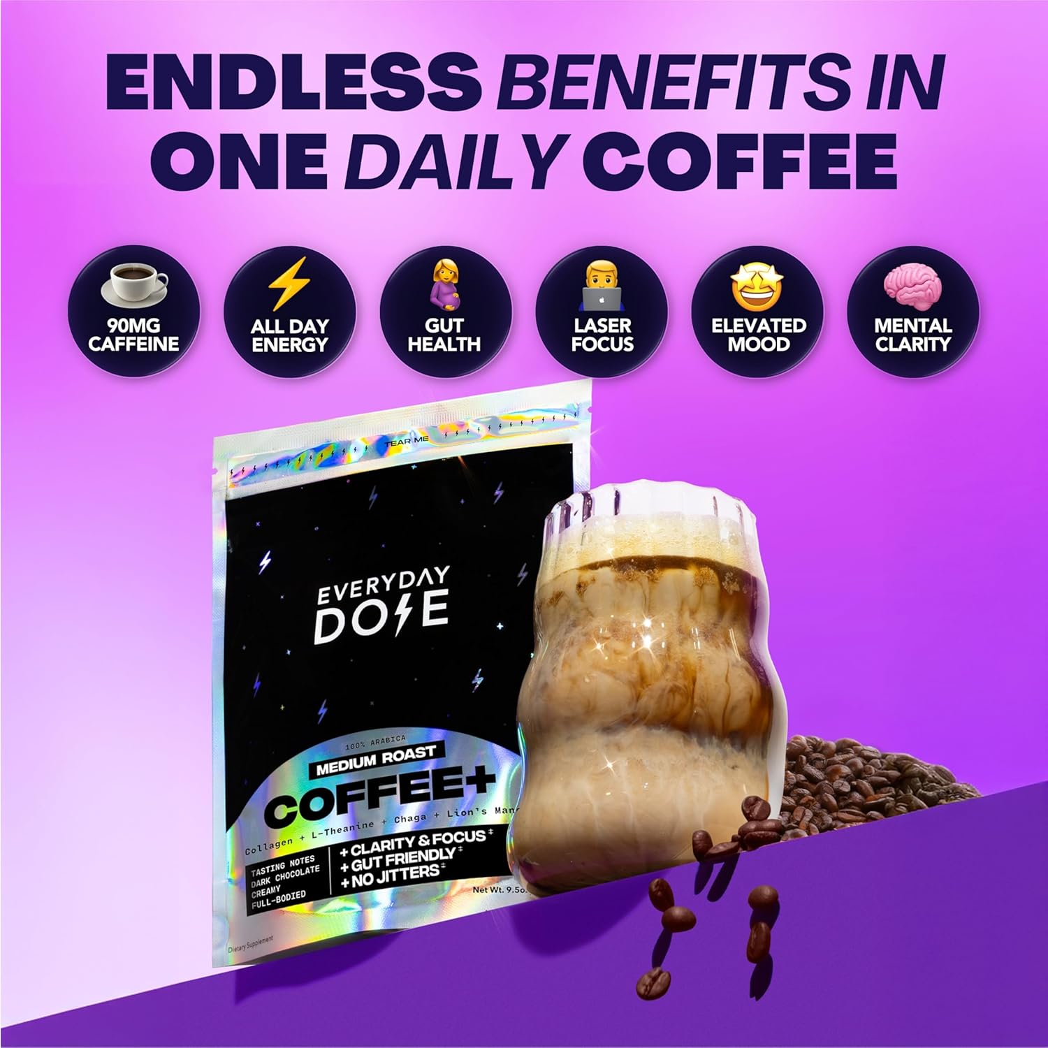 Everyday Dose Bold Mushroom Coffee – Medium Roast, 90mg Caffeine, Collagen, Chag