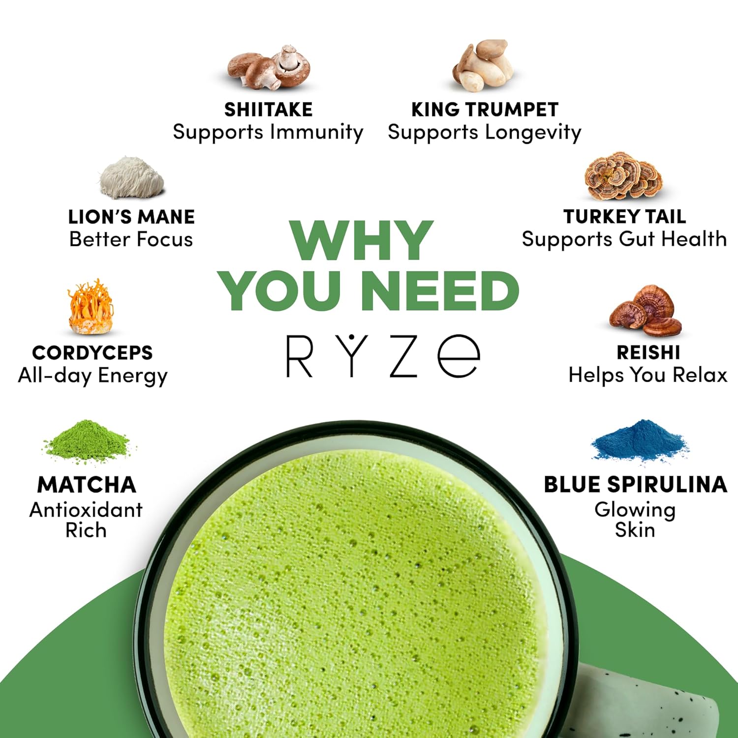 RYZE SUPERFOODS® Mushroom Matcha Powder | USDA Organic Ceremonial-Grade Matcha w