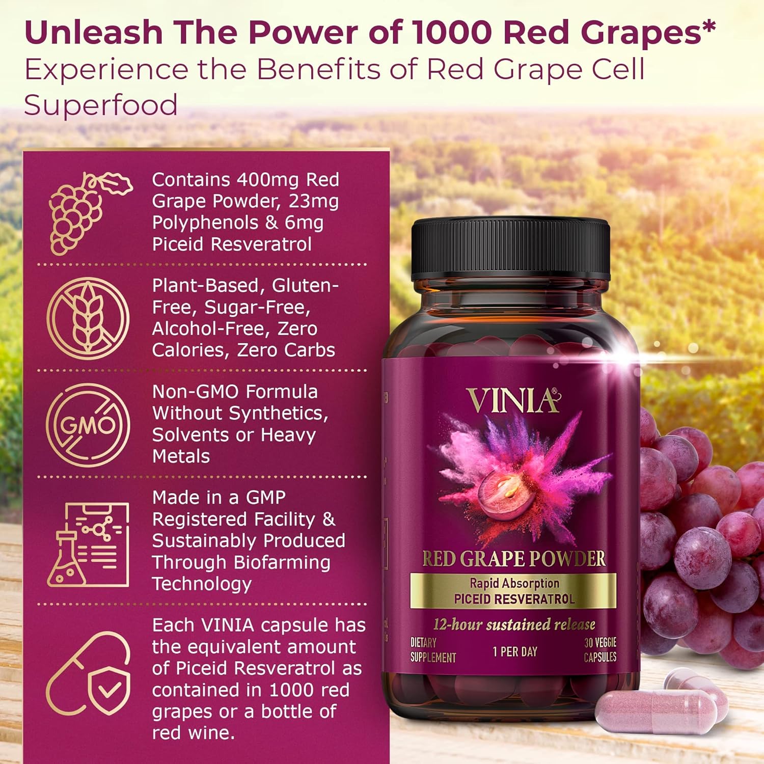 VINIA Piceid Resveratrol Supplement – Blood Flow, Nitric Oxide & Heart Health Su