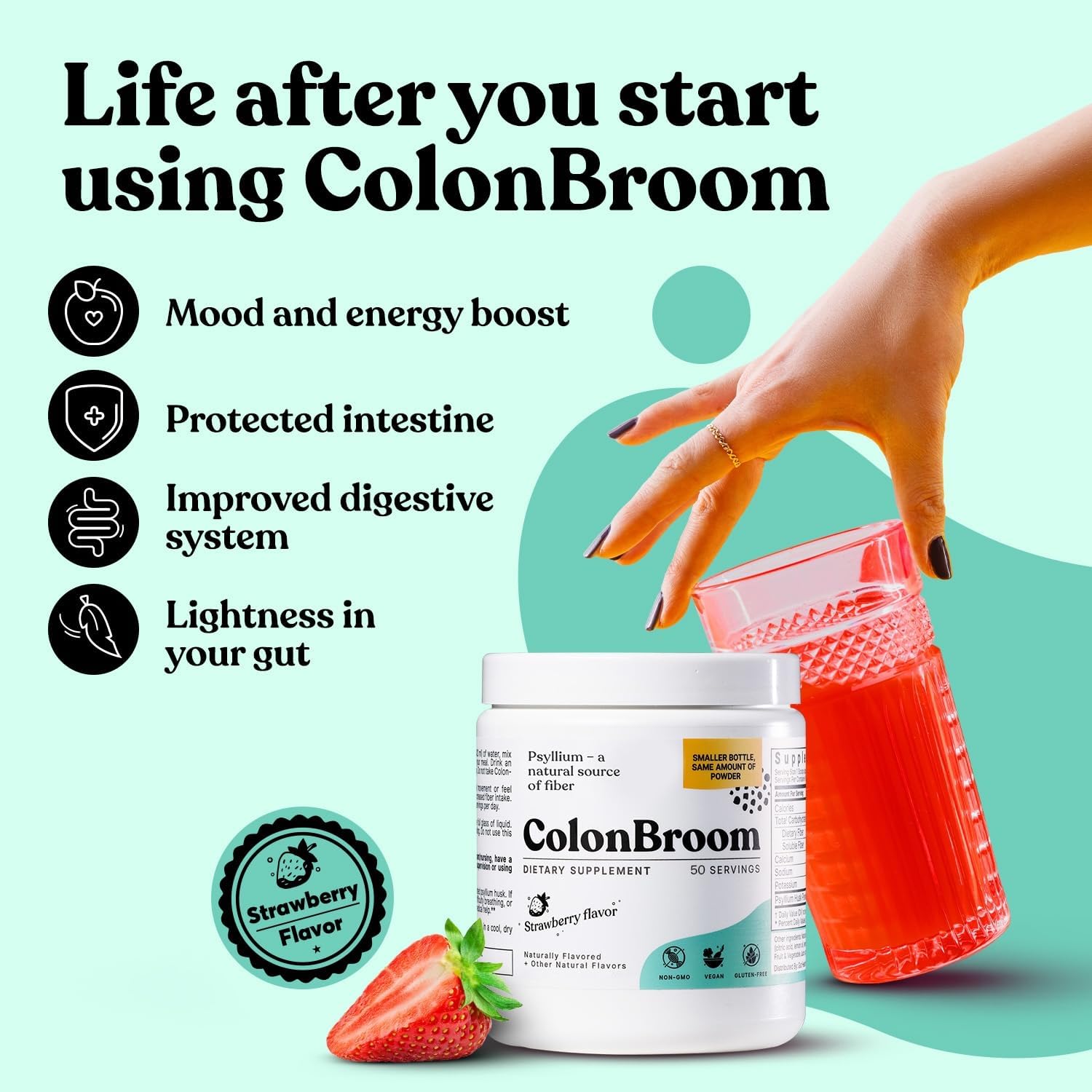 ColonBroom Psyllium Husk Powder – Strawberry Flavor Colon Cleanse & Fiber Supple