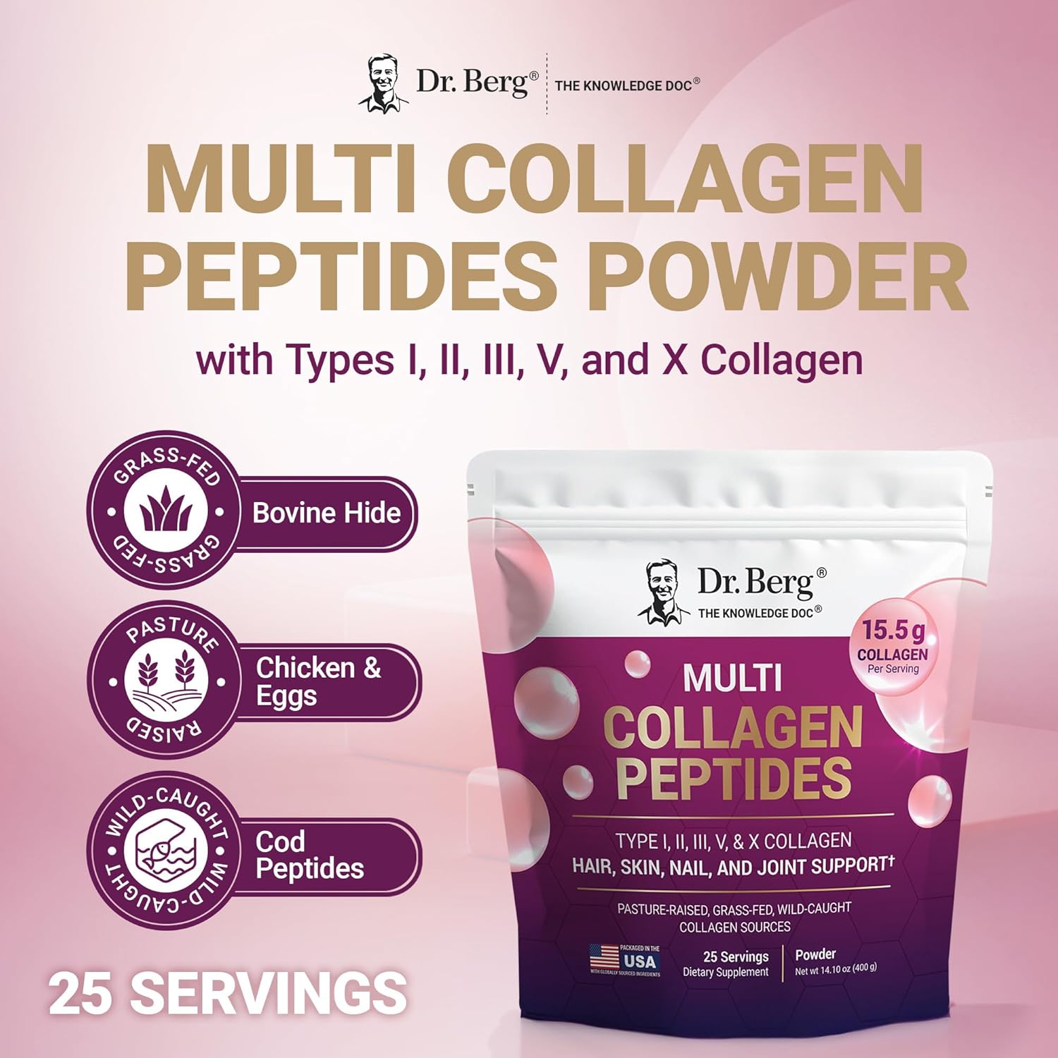 Dr. Berg Multi Collagen Peptides Powder – Types I, II, III, V & X Collagen with 