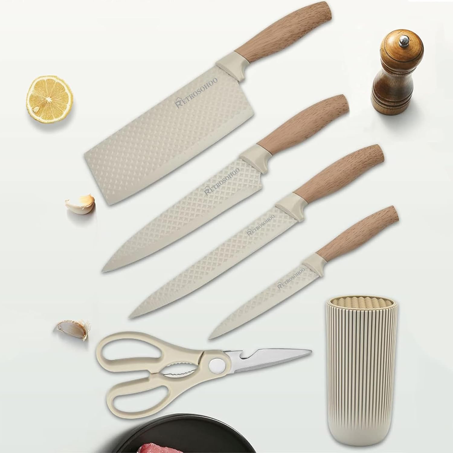 Retrosohoo 6-Piece Kitchen Knife Set with Universal Block – Khaki Non-Stick, Non