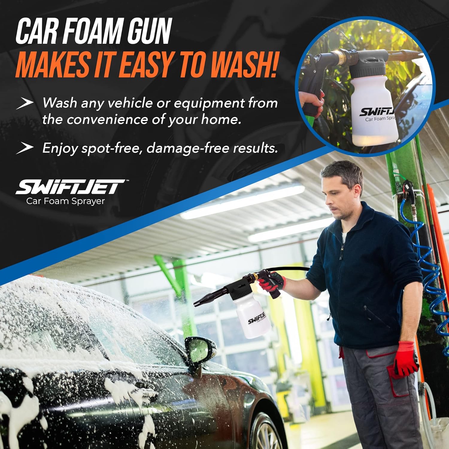 SwiftJet Car Wash Foam Gun + Microfiber Wash Mitt – Garden Hose Foam Sprayer Kit