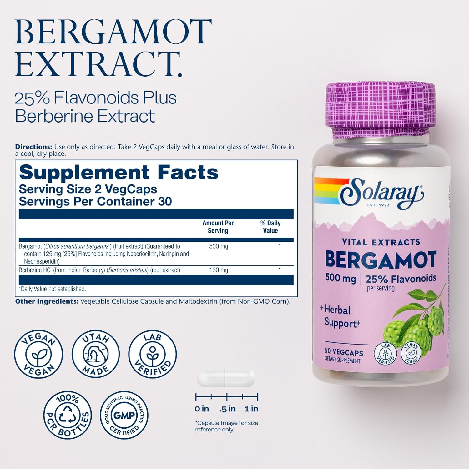 SOLARAY Bergamot 500 mg – Citrus Bergamot Supplement with Berberine HCl – Standa