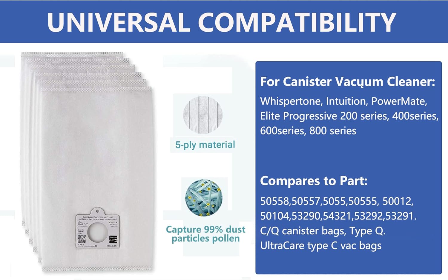 Kenmore 53292 Type Q HEPA Canister Vacuum Bags | 6-Pack Replacement | Compatible