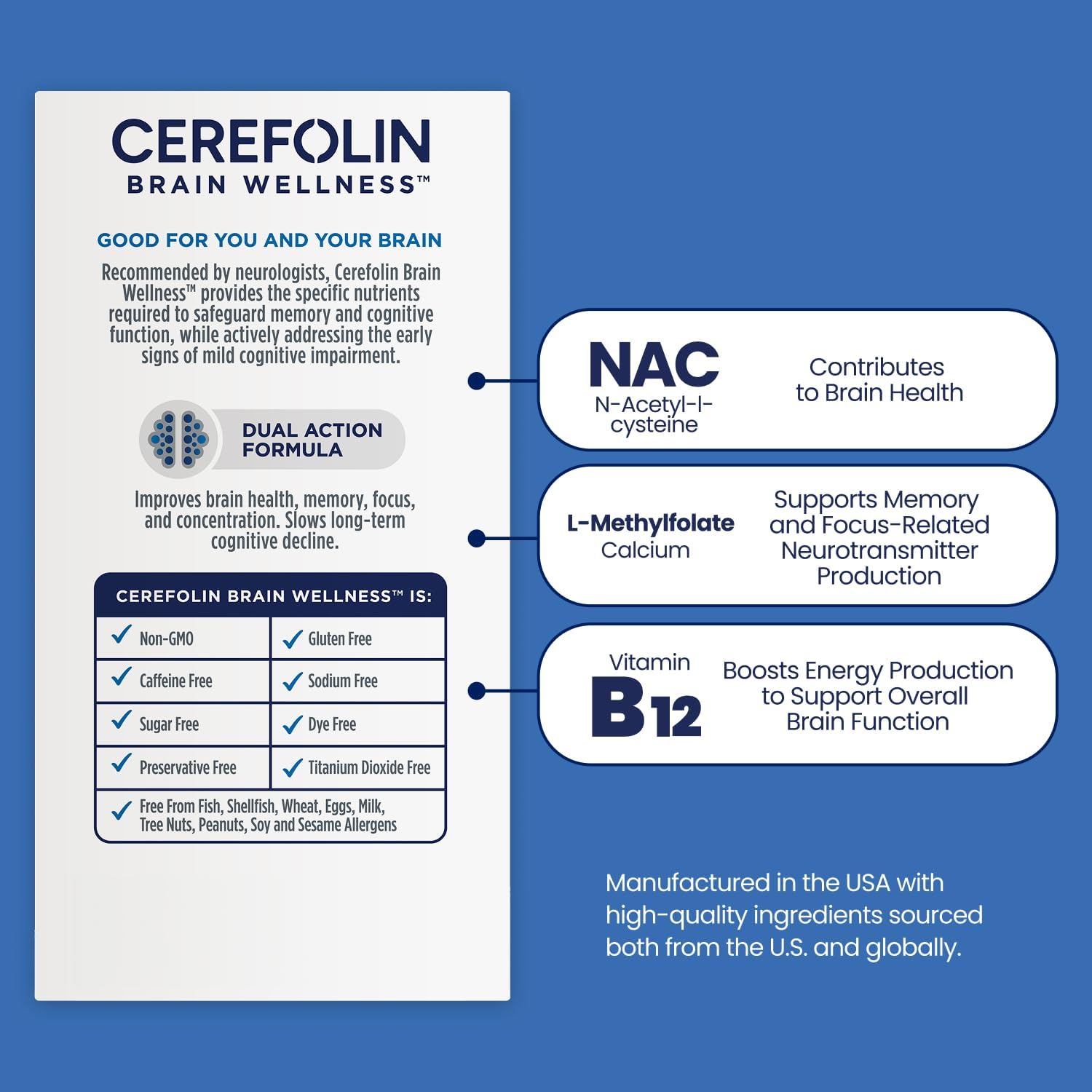 Cerefolin Brain Wellness Cognitive Support Supplement with L-Methylfolate, NAC &