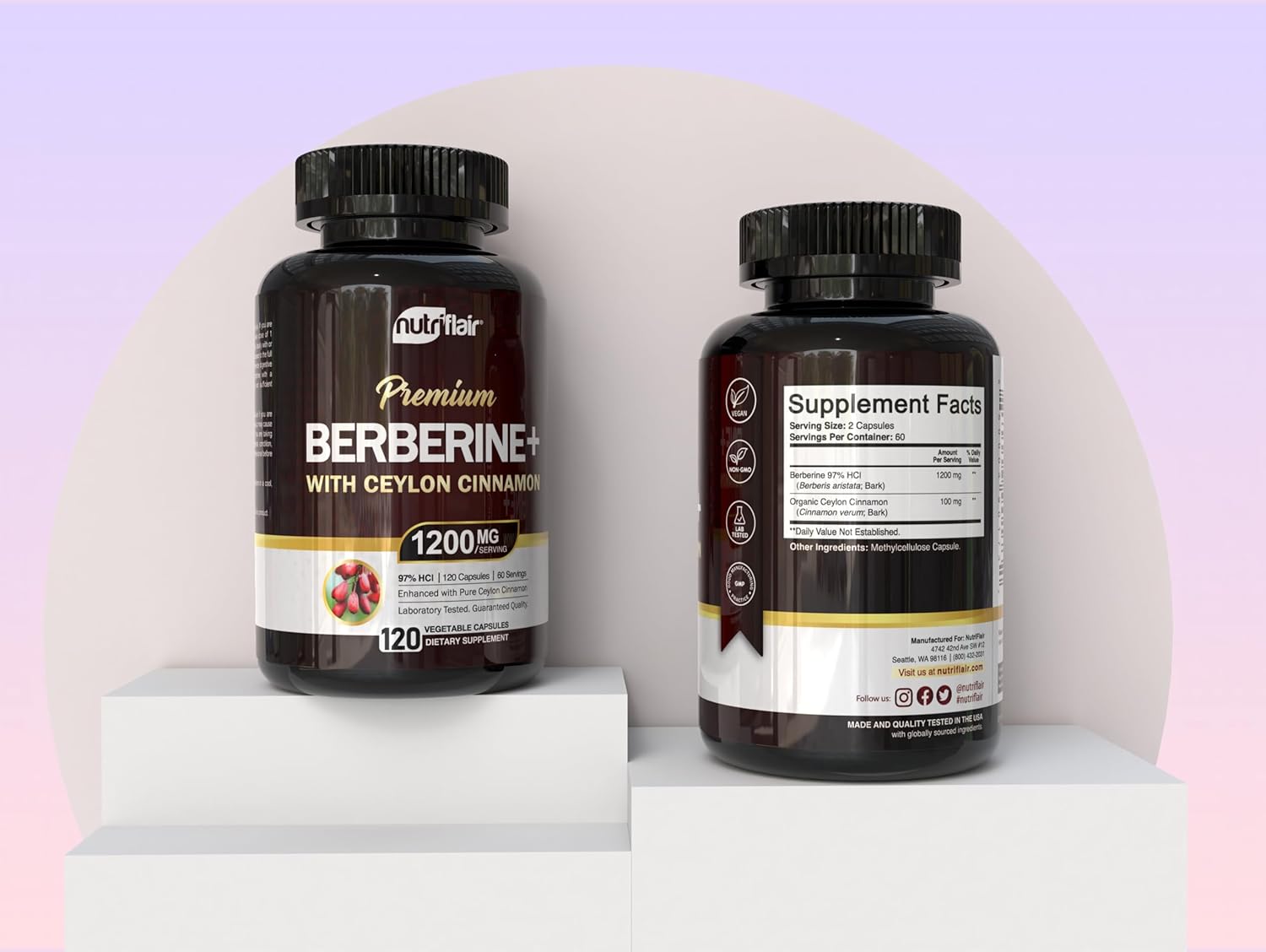 NutriFlair Berberine 97% HCl with Ceylon Cinnamon – High-Potency Blood Sugar & M