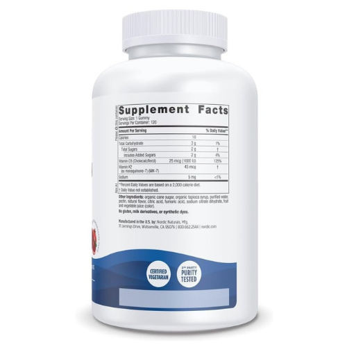 Nordic Naturals Vitamin D3 + K2 Gummies – 1000 IU D3 & 45 mcg K2 Pomegranate Flavor for Bone & Muscle Support (120 Gummies)