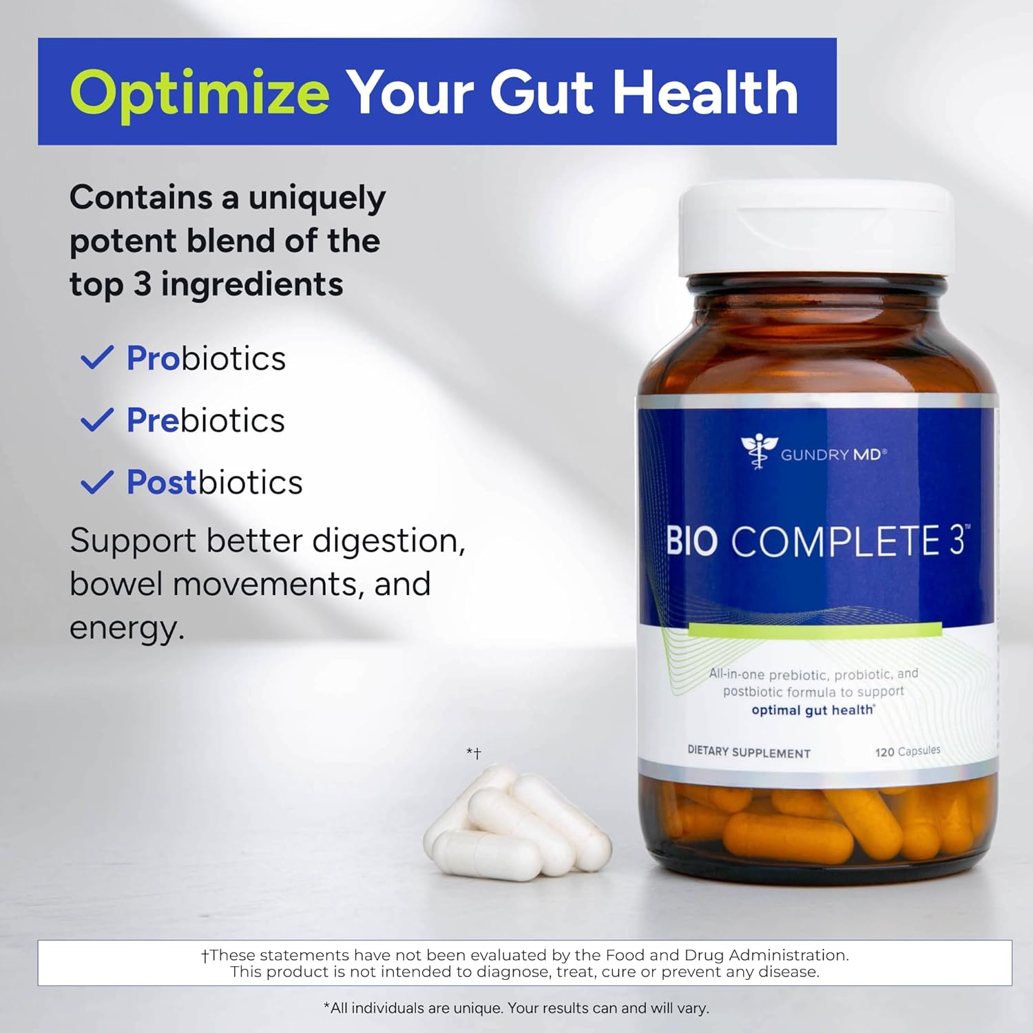 Gundry MD Bio Complete 3 Probiotic Supplement – 3-in-1 Gut Health, Digestion, Bloating & Energy Support (30 Day Supply)